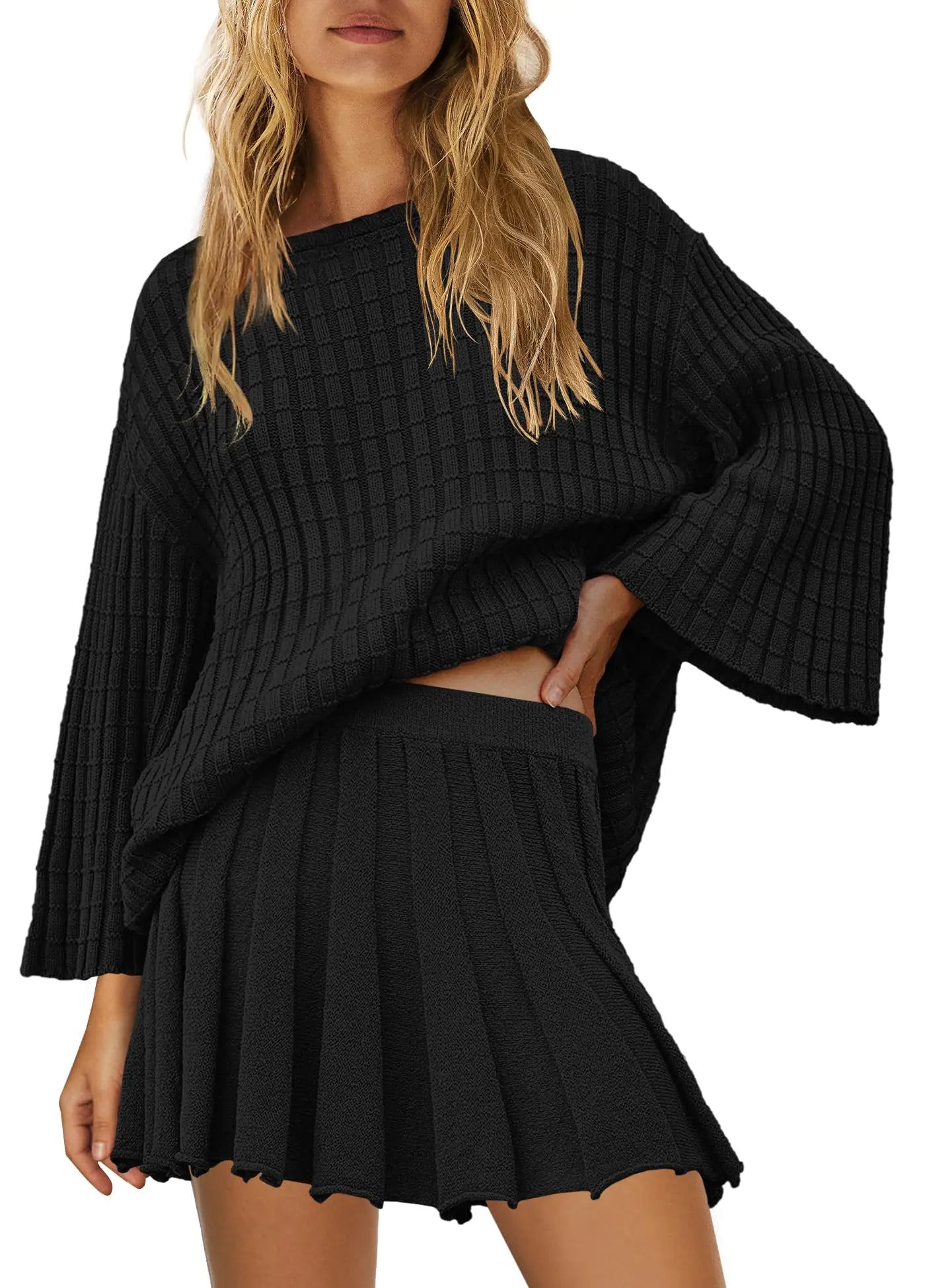 Yanekop Womens 2 Piece Sweater Skirt Set Loose Matching Lounge Sets Comfy Pajamas Set Long Sleeve Top and Skirt Sets(BlackL)