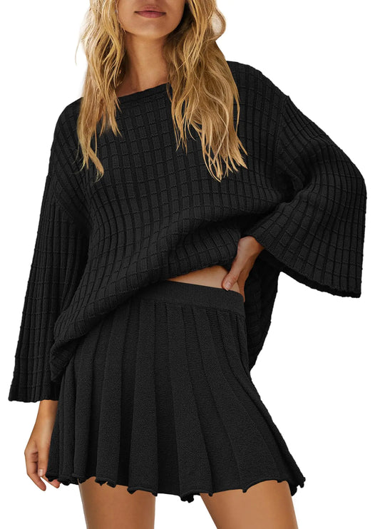Yanekop Womens 2 Piece Sweater Skirt Set Loose Matching Lounge Sets Comfy Pajamas Set Long Sleeve Top and Skirt Sets(BlackL)